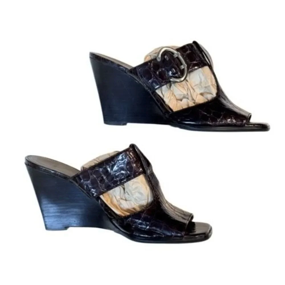 Circa Joan & David Croc Wedge Heel Square Toe Buckle in Black 7.5